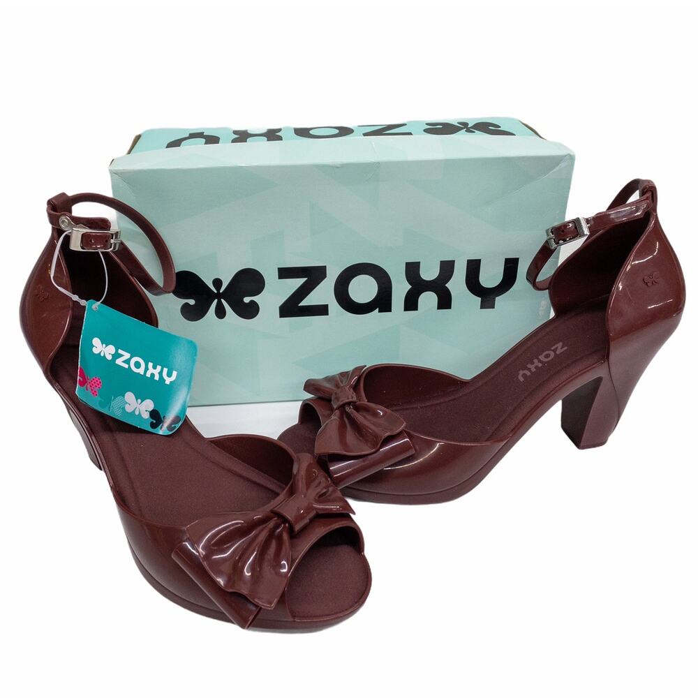 Zaxy Miranda Jelly Peep-Toe Heels Women's 10 Brown Bow Ankle Strap 3.75"